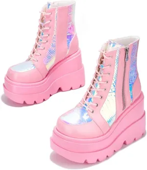 ZKXYFFS Womens Holographic Wedge Ankle Boots Lace Up Zip High Heel Booties Goth Combat Wedge Chunky Platform Boots Multicolor Platform Boots for Women