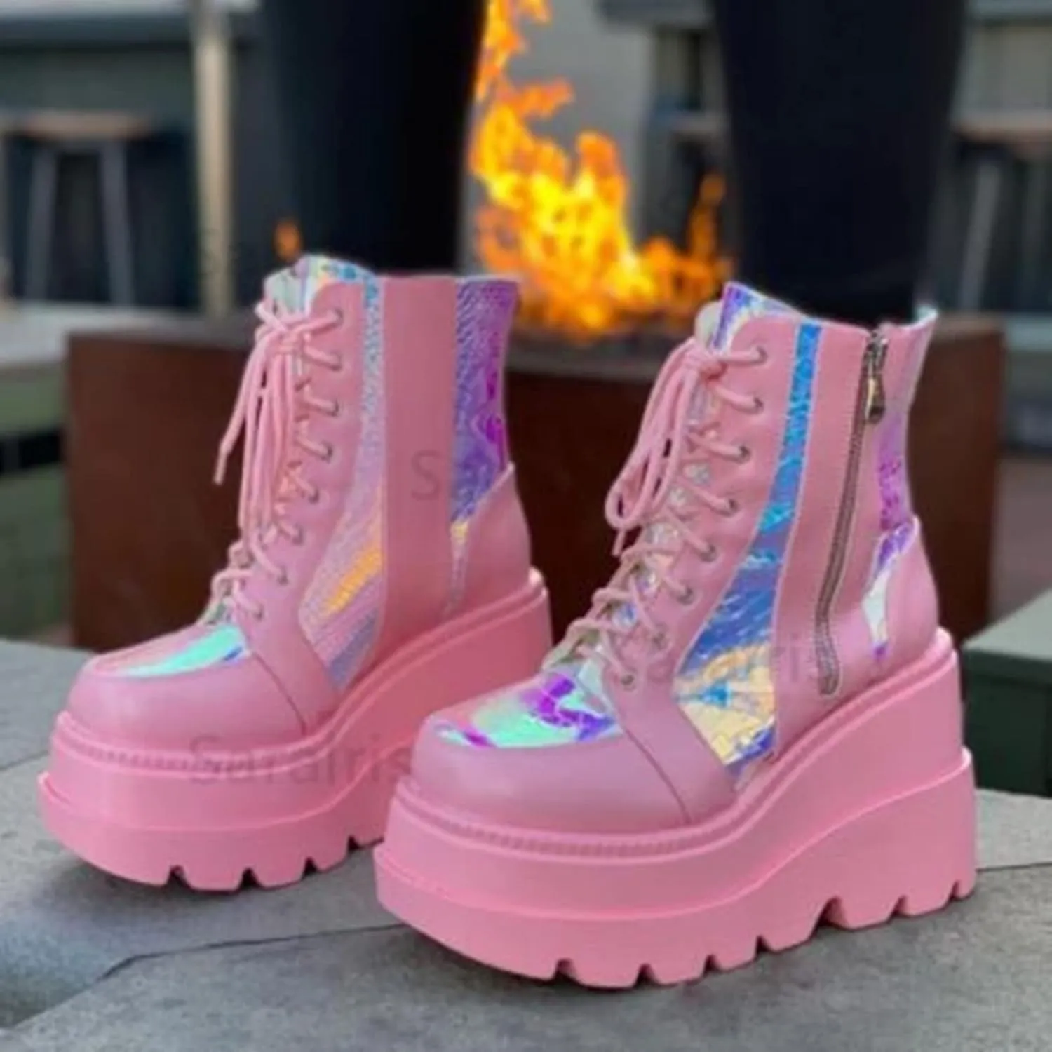 ZKXYFFS Womens Holographic Wedge Ankle Boots Lace Up Zip High Heel Booties Goth Combat Wedge Chunky Platform Boots Multicolor Platform Boots for Women