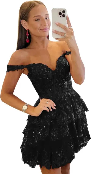 Zoghoo Sequin Lace Homecoming Dresses for Teens Tiered Short Prom Dress Off The Shoulder Cocktail Gown