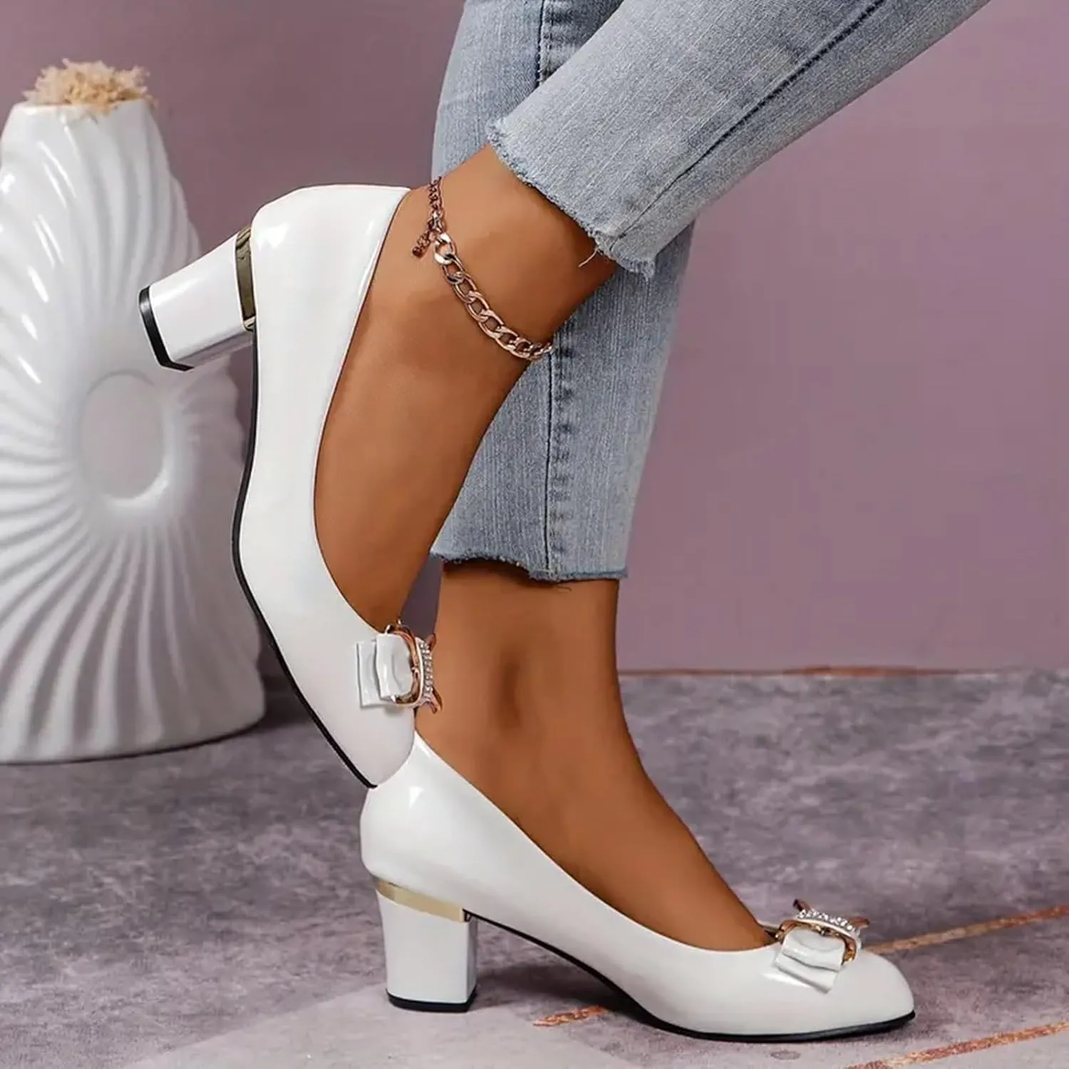 ZSpzx Chunky Heels for Women Pointed Closed Toe Bow Rhinestones Sparkly Slip On Backless Arch Support Block Sandals Ladies Summer Comfortable Orthopedic Dressy Shoes for Party Prom Wedding Bridal