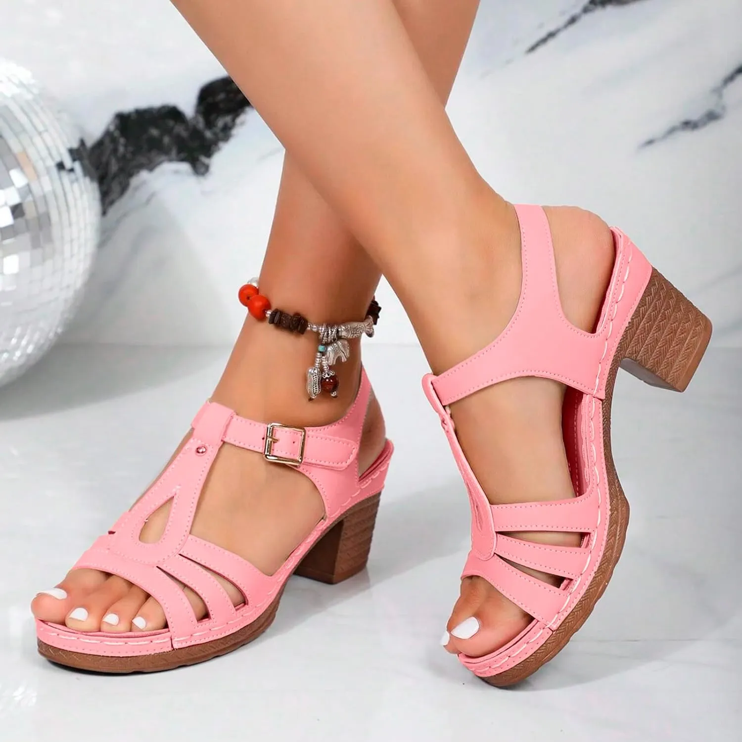 ZSpzx Women's Chunky Heels Sandals 2025 Dressy Summer T-Strap Cutout Slingback Comfortable Sandal Buckle Mid Heeled Non Slip Adjustable Ladies Casual Shoes for Party Wedding Walking Vacation