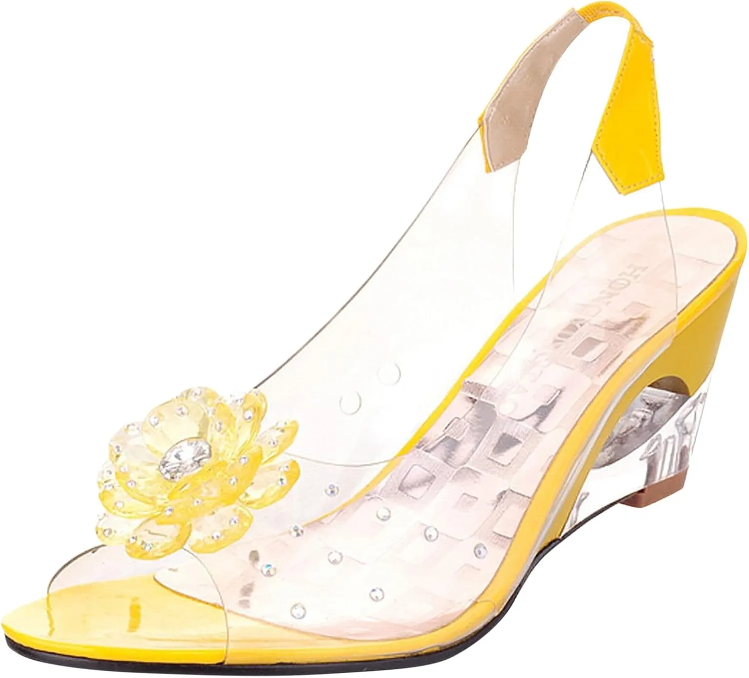 ZSpzx Women's Heeled Sandals Transparent Platform Wedges Sandal Slip On Fish Mouth Flowers Rhinestone Slippers High Sexy Block Heels Shoes Dress Elastic Slides for Work Party Casual Wedding