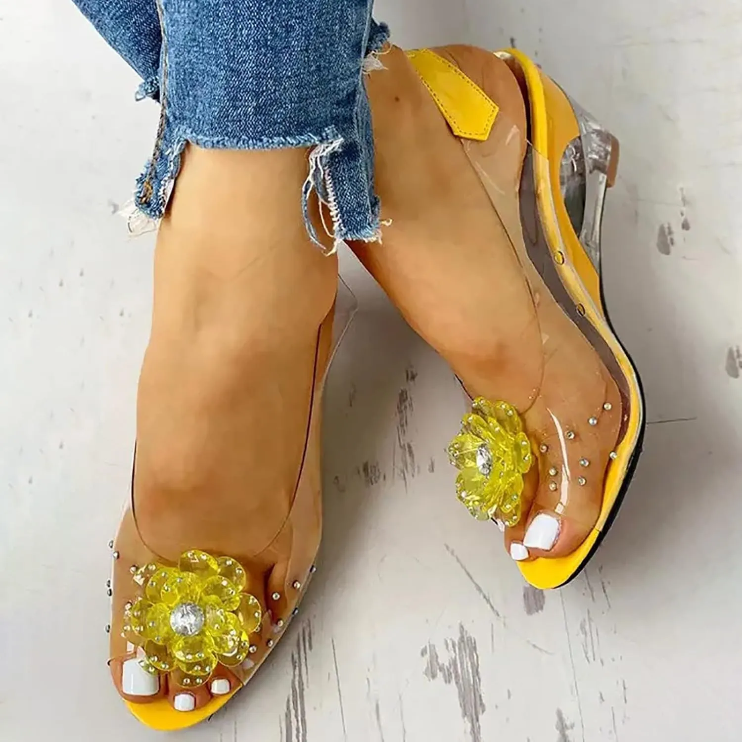 ZSpzx Women's Heeled Sandals Transparent Platform Wedges Sandal Slip On Fish Mouth Flowers Rhinestone Slippers High Sexy Block Heels Shoes Dress Elastic Slides for Work Party Casual Wedding
