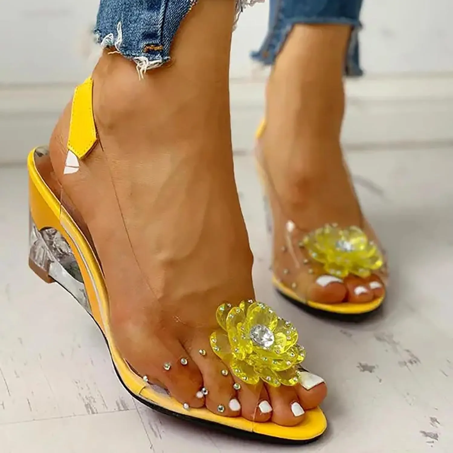 ZSpzx Women's Heeled Sandals Transparent Platform Wedges Sandal Slip On Fish Mouth Flowers Rhinestone Slippers High Sexy Block Heels Shoes Dress Elastic Slides for Work Party Casual Wedding