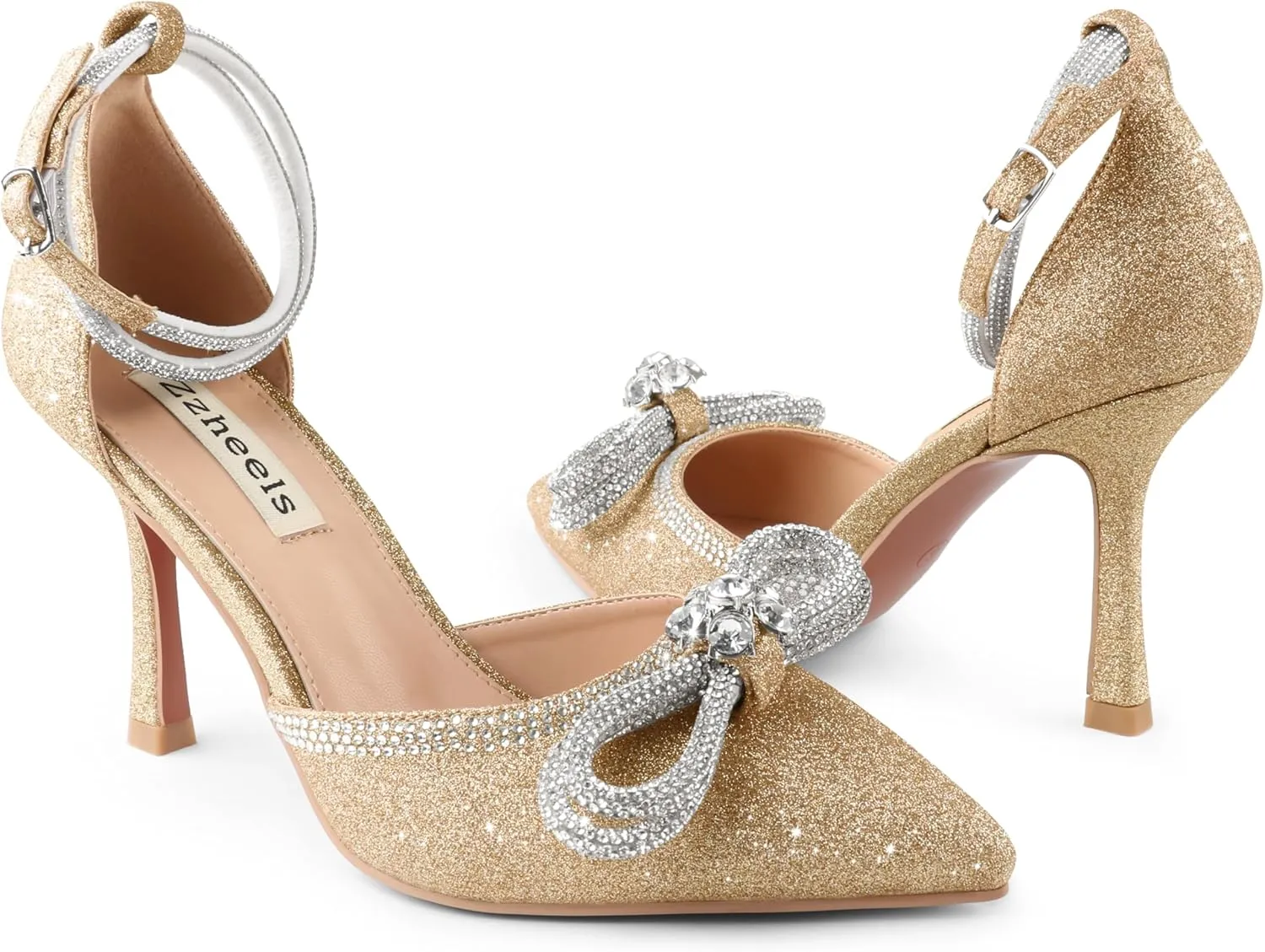 Zzheels Women's Wedding Heels Sparkly Rhinestone Stiletto Pumps Bow Heels Pointed Toe Ankle Strap High Heels Bridal Party Dress Shoes