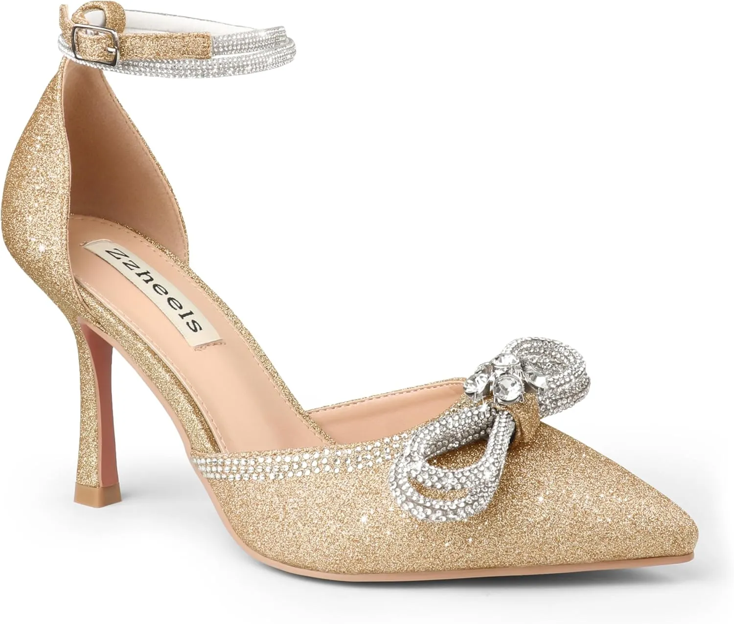 Zzheels Women's Wedding Heels Sparkly Rhinestone Stiletto Pumps Bow Heels Pointed Toe Ankle Strap High Heels Bridal Party Dress Shoes