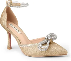 Zzheels Women's Wedding Heels Sparkly Rhinestone Stiletto Pumps Bow Heels Pointed Toe Ankle Strap High Heels Bridal Party Dress Shoes