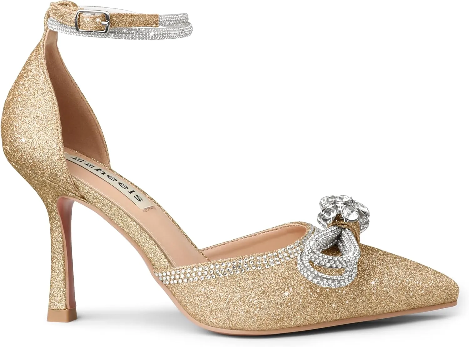 Zzheels Women's Wedding Heels Sparkly Rhinestone Stiletto Pumps Bow Heels Pointed Toe Ankle Strap High Heels Bridal Party Dress Shoes